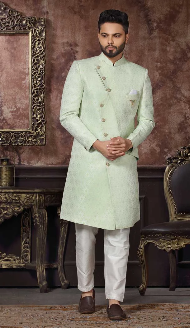 Wedding Wear Pista Color Jacquard Digital Print Work Men's Indo Western -4980159002