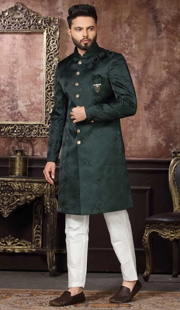 Bottle Green Color Jacquard Self Work Wedding Wear Men's Indo Western -4980159003
