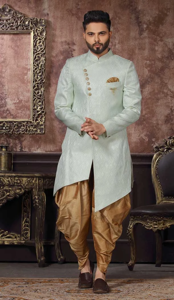 Pista Green Color Art Silk Self Work Wedding Wear Men's Indo Western -4980159004