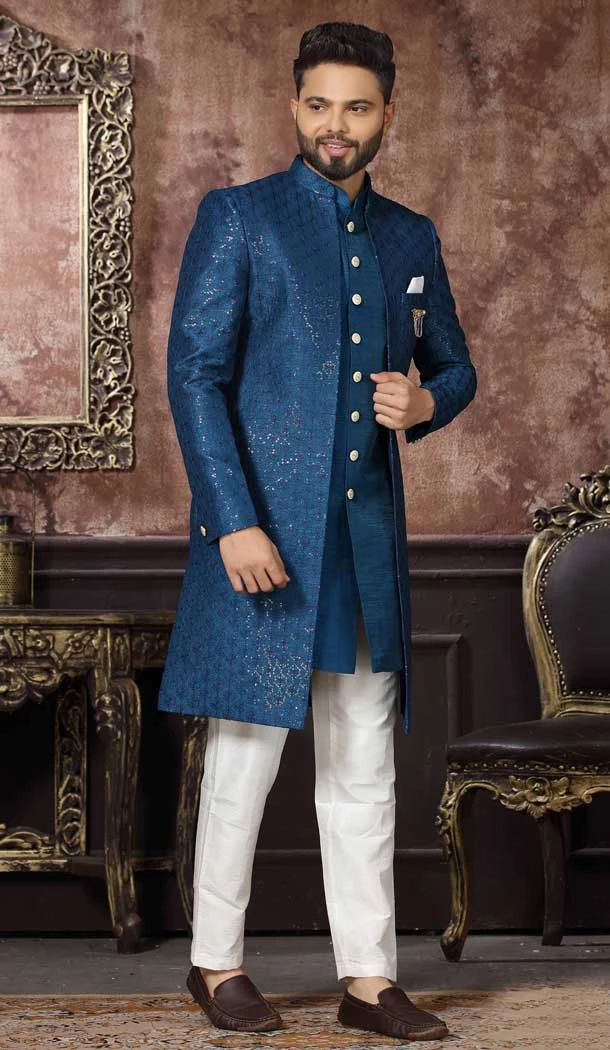 Teal Blue Color Art Silk Embroidery Work Wedding Wear Men's Indo Western -4980159005