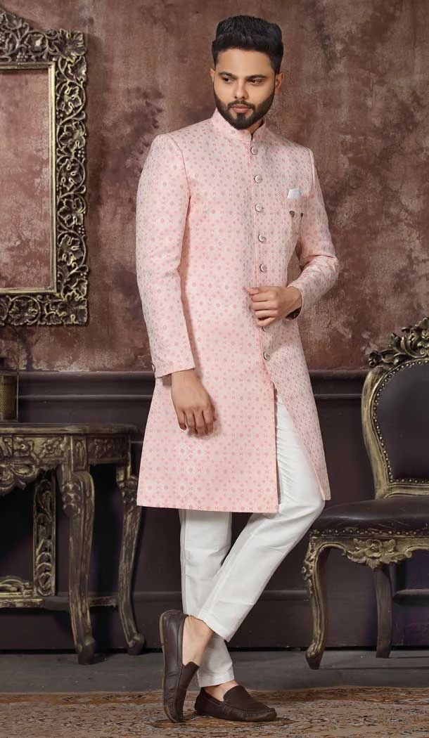 Light Peach Pink Color Jacquard Digital Print Work Wedding Wear Men's Indo Western -4980159006