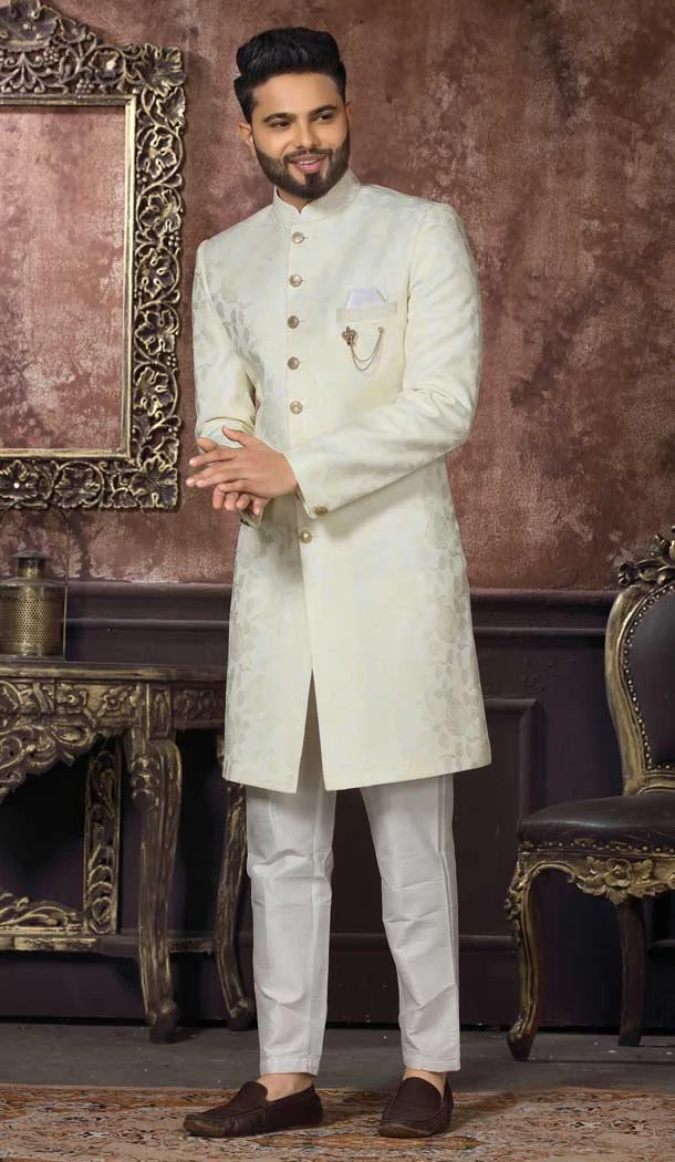 Off White Color Jacquard Self Work Wedding Wear Men's Designer Indo Western -4981159007
