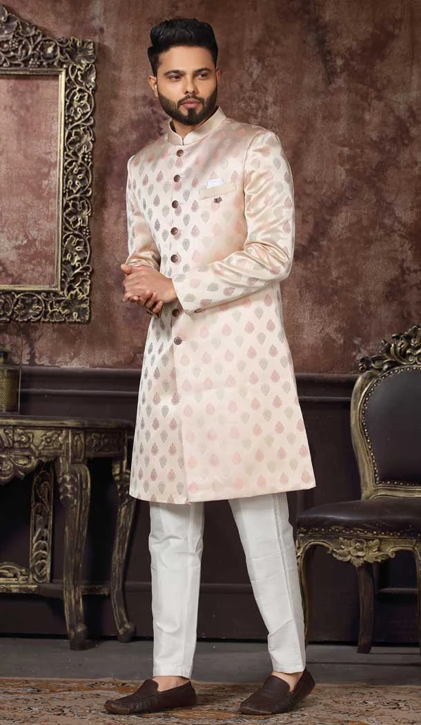 Cream Color Jacquard Digital Print Work Wedding Wear Men's Designer Indo Western -4981159009