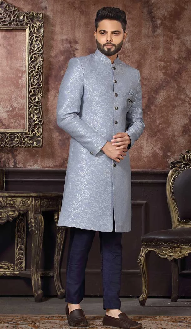 Blue Color Jacquard Digital Print Work Wedding Wear Men's Designer Indo Western -4981159010