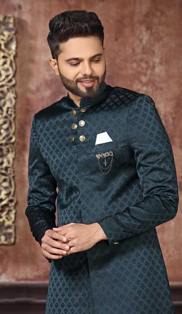 Dark Teal Blue Color Jacquard Digital Print Work Wedding Wear Men's Designer Indo Western -4981159011