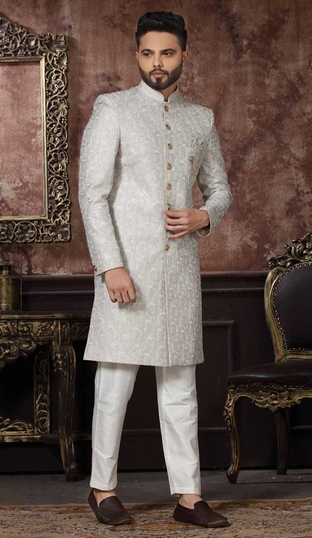 Wedding Wear Off White Color Jacquard Self Work Men's Designer Indo Western -4981159012