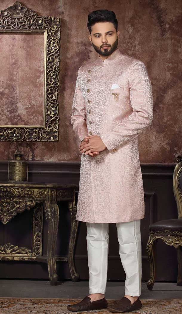 Light Pink Color Jacquard Digital Print Work Wedding Wear Men's Designer Indo Western -4981159013
