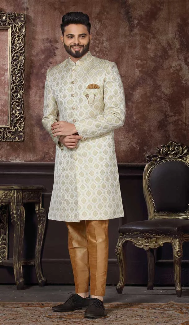 Wedding Wear Off White Color Jacquard Digital Print Work Men's Designer Indo Western -4981159014