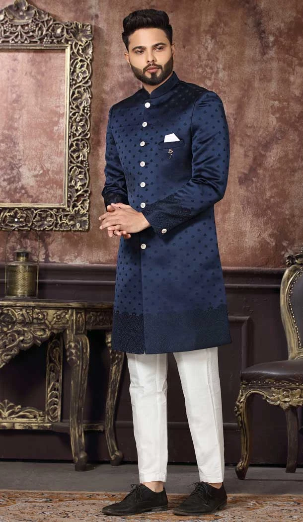 Navy Blue Color Art Silk Digital Print Work Wedding Wear Men's Designer Indo Western -4981159015