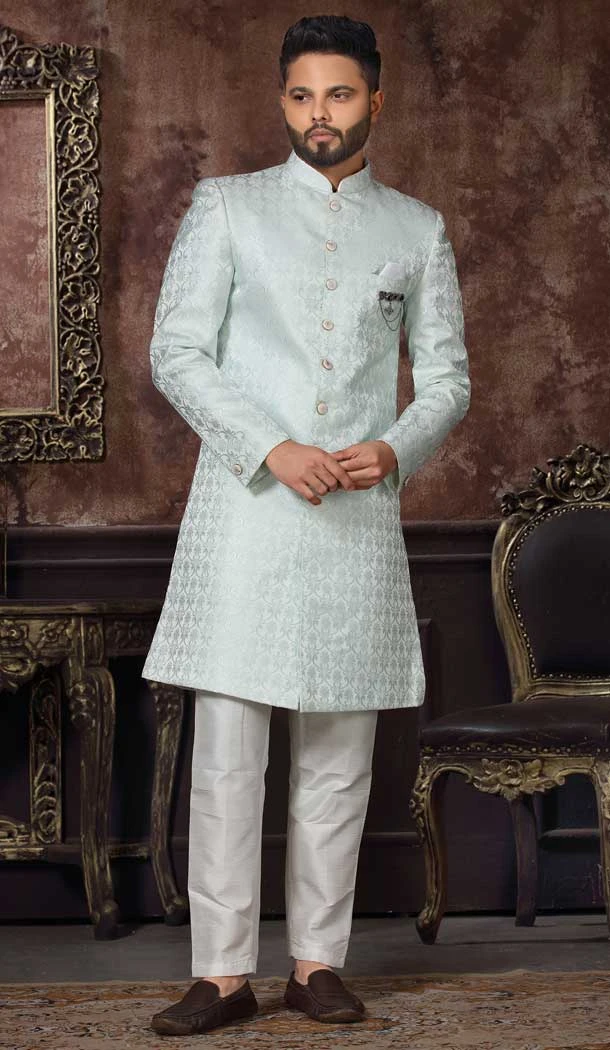 Sky Blue Color Jacquard Digital Print Work Wedding Wear Men's Designer Indo Western -4981159017