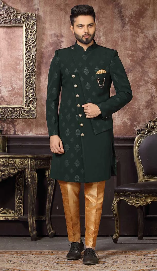 Bottle Green Color Jacquard Digital Print Work Wedding Wear Men's Designer Indo Western -4981159018