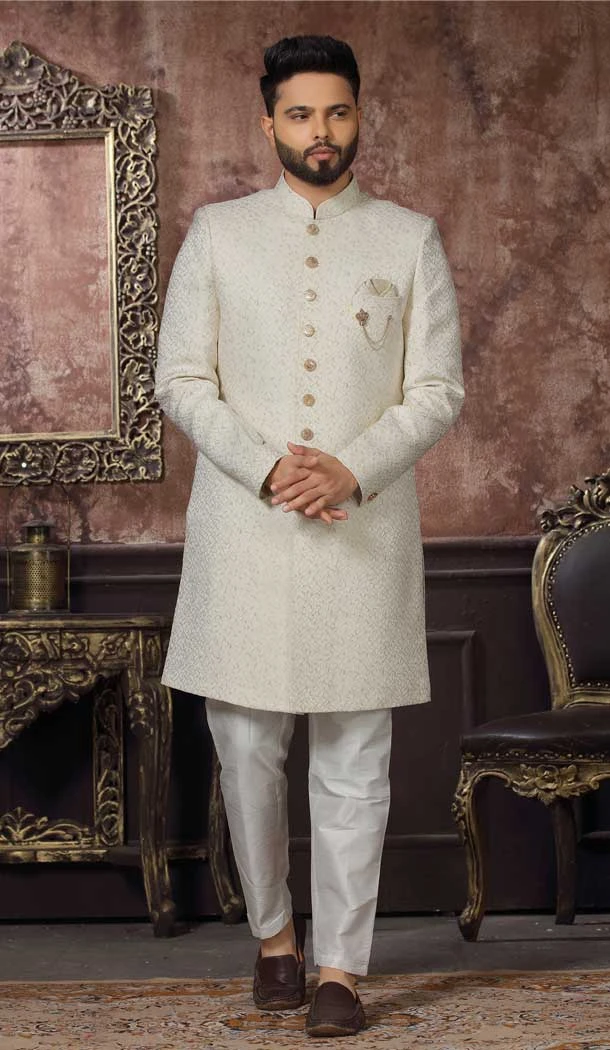 Off White Color Art Silk Embroidery Work Wedding Wear Men's Designer Indo Western -4981159022