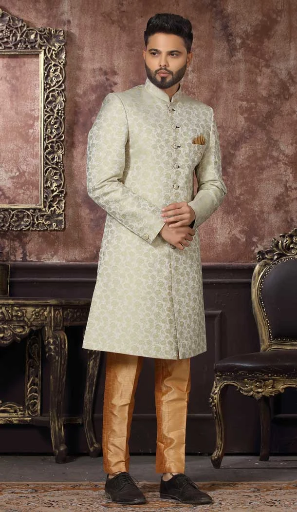Off White Color Jacquard Digital Print Work Wedding Wear Men's Designer Indo Western -4981159023