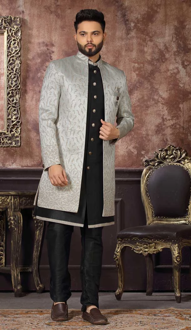 Grey And Black Color Art Silk Embroidery Work Wedding Wear Men's Designer Indo Western -4981159024