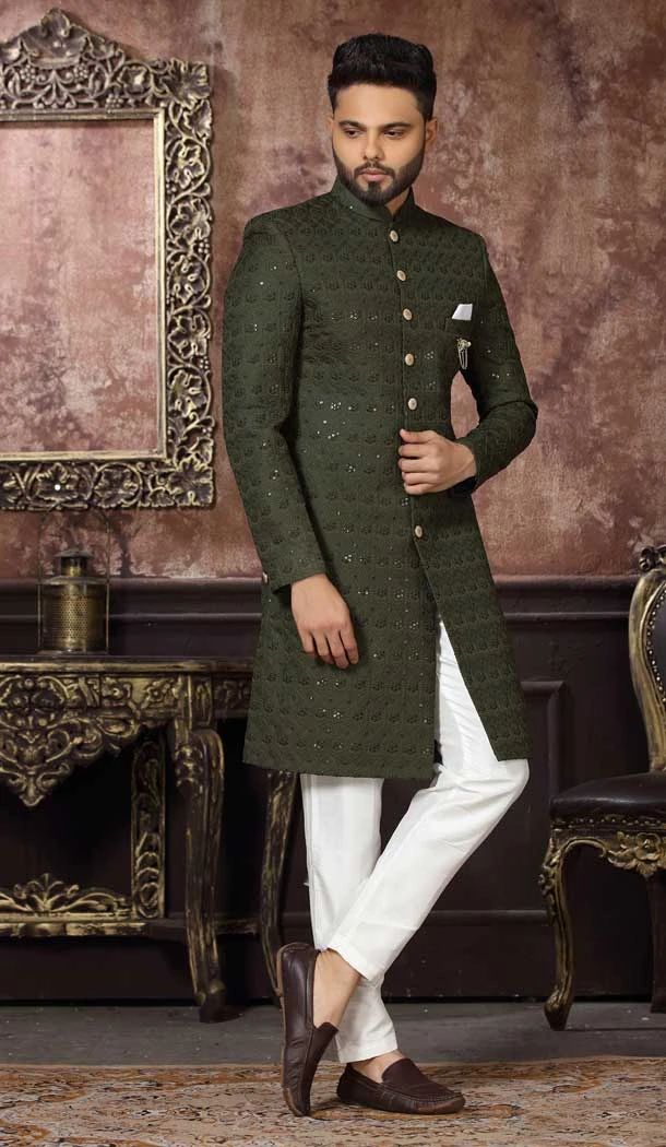 Mehendi Green Color Art Silk Embroidery Work Wedding Wear Men's Designer Indo Western -4981159025