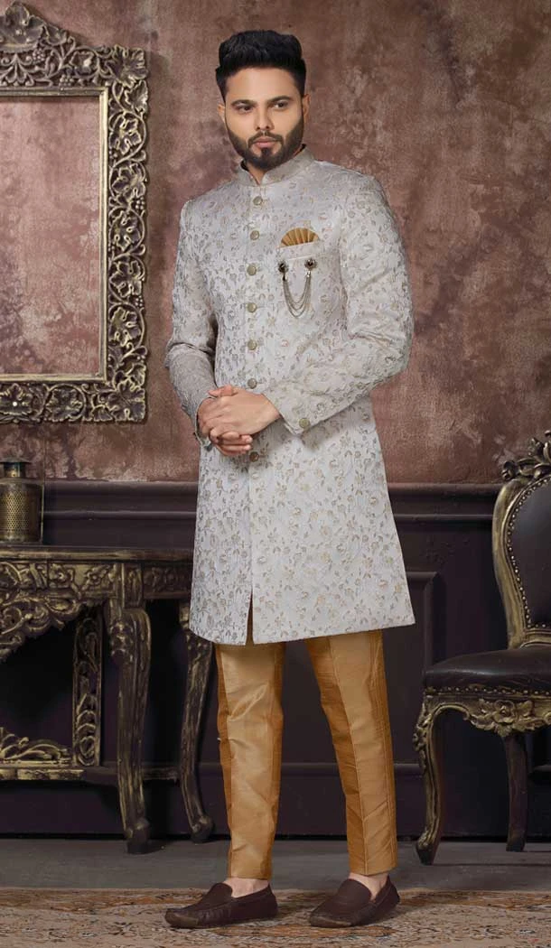 Grey Color Jacquard Embroidery Work Wedding Wear Men's Indo Western -4981159026