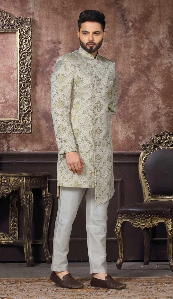 Wedding Wear Light Pista Color Jacquard Digital Print Work Men's Designer Indo Western -4981159027