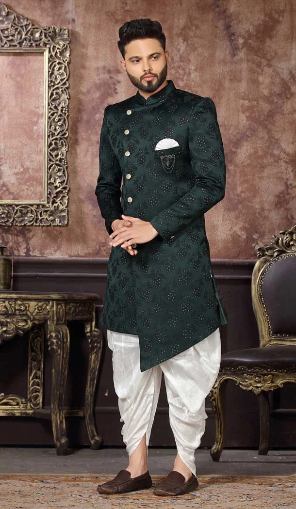 Wedding Wear Bottle Green Color Art Silk Embroidery And Mirror Work Men's Indo Western -4981159028