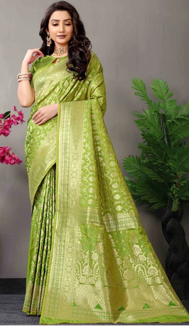 Green Color Zari Work Banarasi Silk Traditional Party Wear Saree Blouse -4983159037