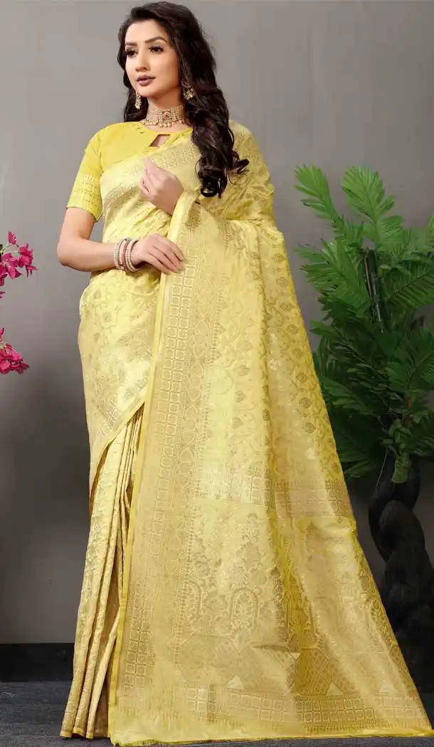 Light Yellow Color Zari Work Banarasi Silk Traditional Party Wear Saree Blouse -4983159038