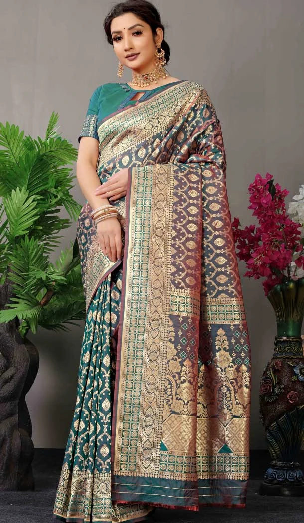 Teal Color Zari Work Banarasi Silk Traditional Party Wear Saree Blouse -4983159039