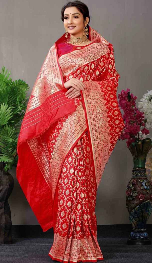 Red Color Zari Work Banarasi Silk Traditional Party Wear Saree Blouse -4983159040