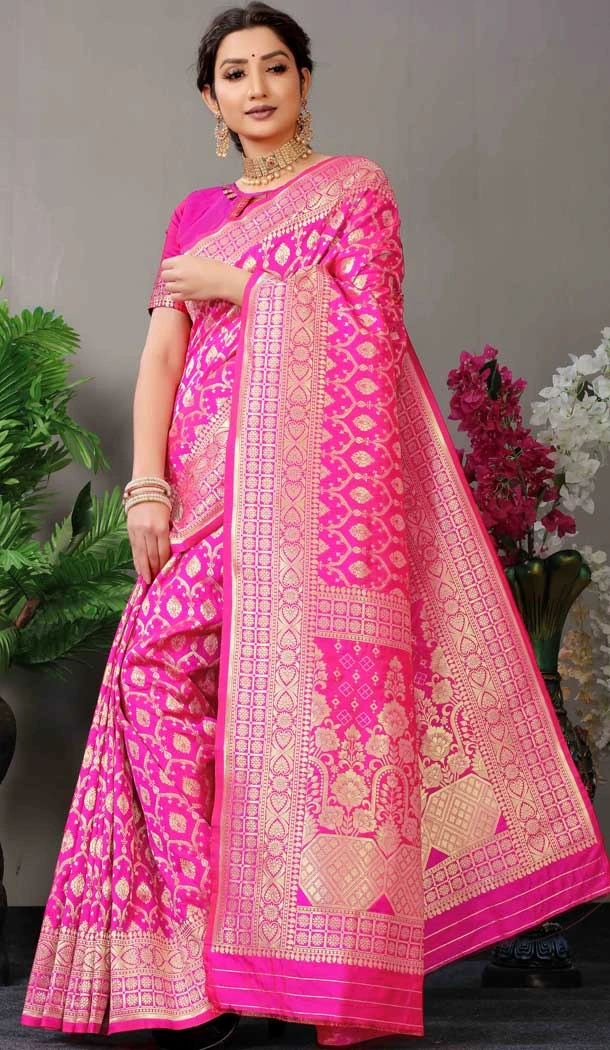 Rani Pink Color Zari Work Banarasi Silk Traditional Party Wear Saree Blouse -4983159041