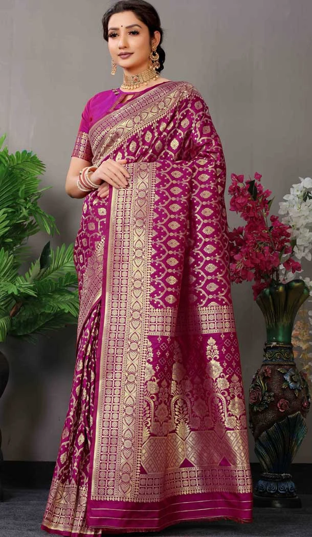 Purple Color Zari Work Banarasi Silk Traditional Party Wear Saree Blouse -4983159042