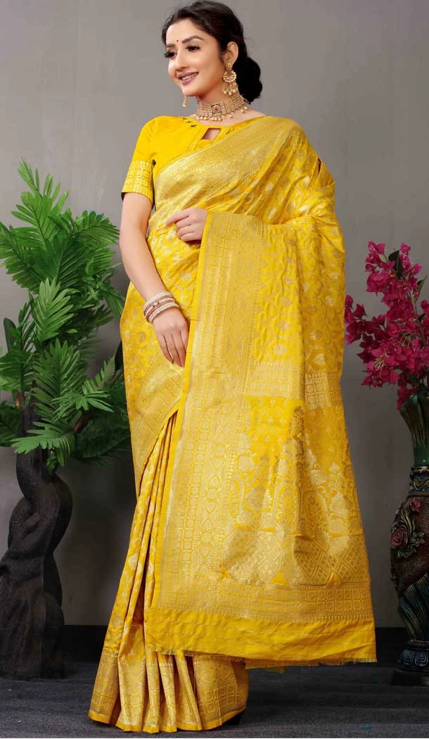 Yellow Color Zari Work Banarasi Silk Traditional Party Wear Saree Blouse -4983159044