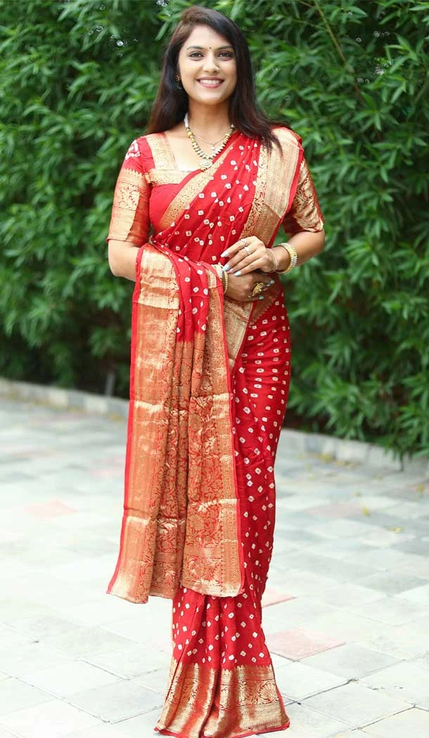 Function Wear Red Color Zari Weaving Work Pure Bandhej Silk Saree -5000159128