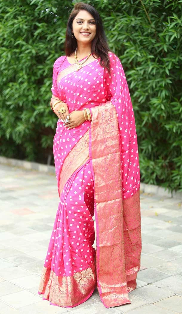 Function Wear Light Pink Color Zari Weaving Work Pure Bandhej Silk Saree -5000159131