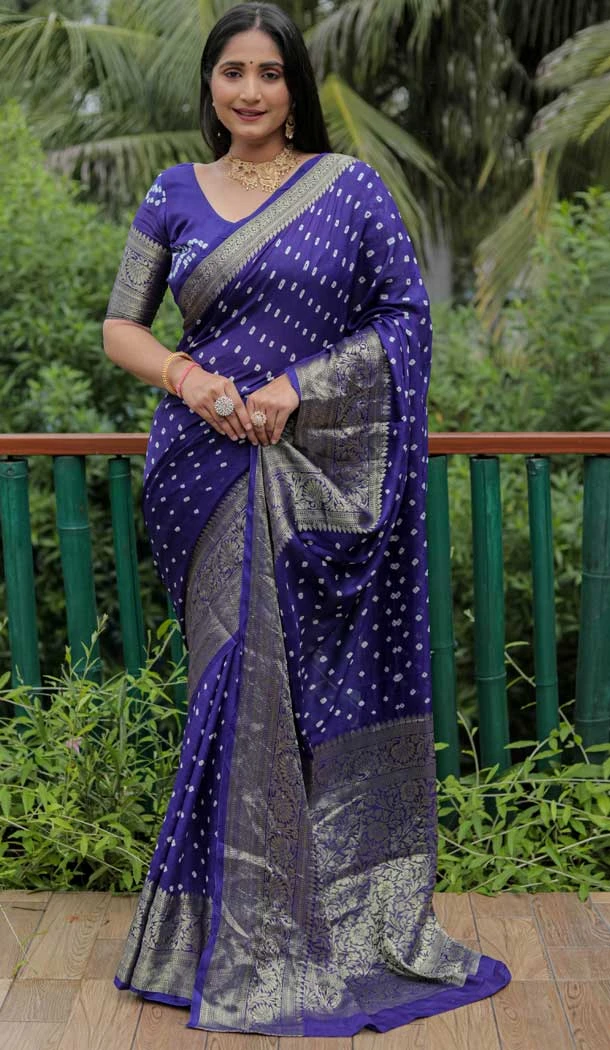 Function Wear Blue Color Zari Weaving Work Pure Bandhej Silk Saree -5000159132