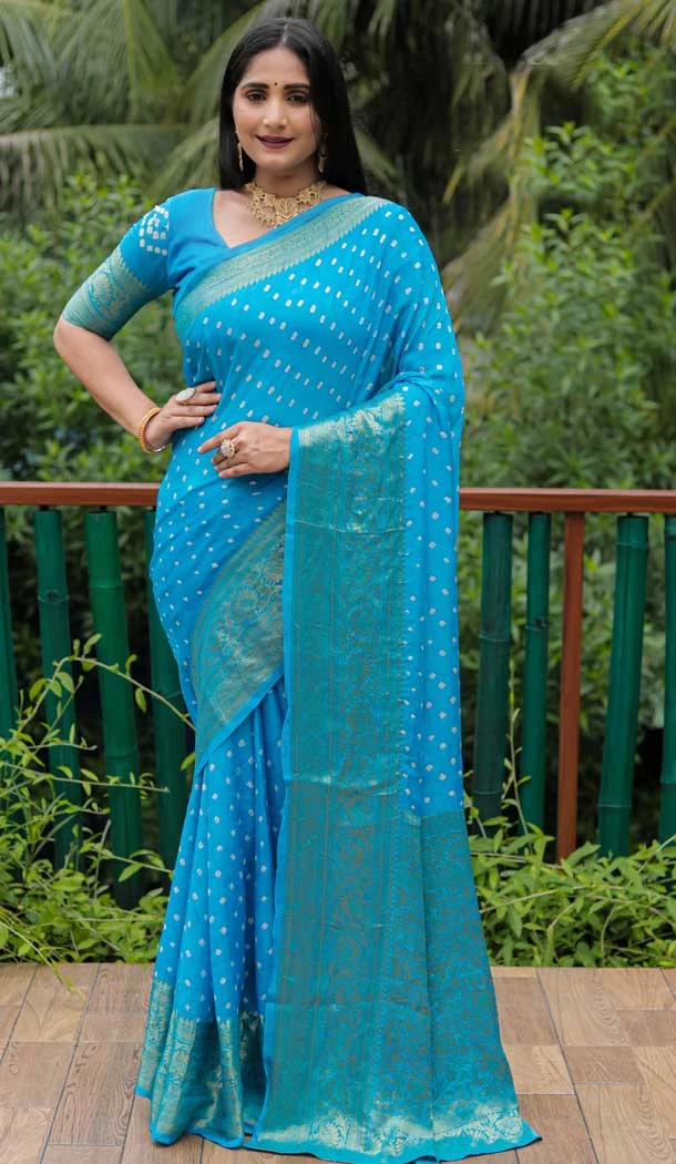Function Wear Sky Blue Color Zari Weaving Work Pure Bandhej Silk Saree -5000159133