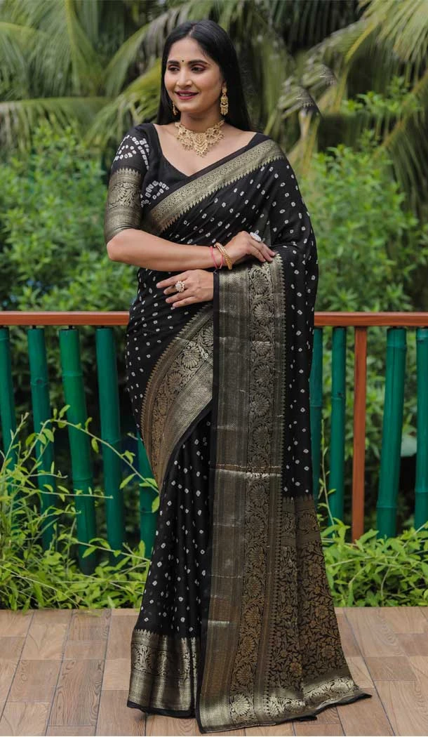 Function Wear Black Color Zari Weaving Work Pure Bandhej Silk Saree -5000159134