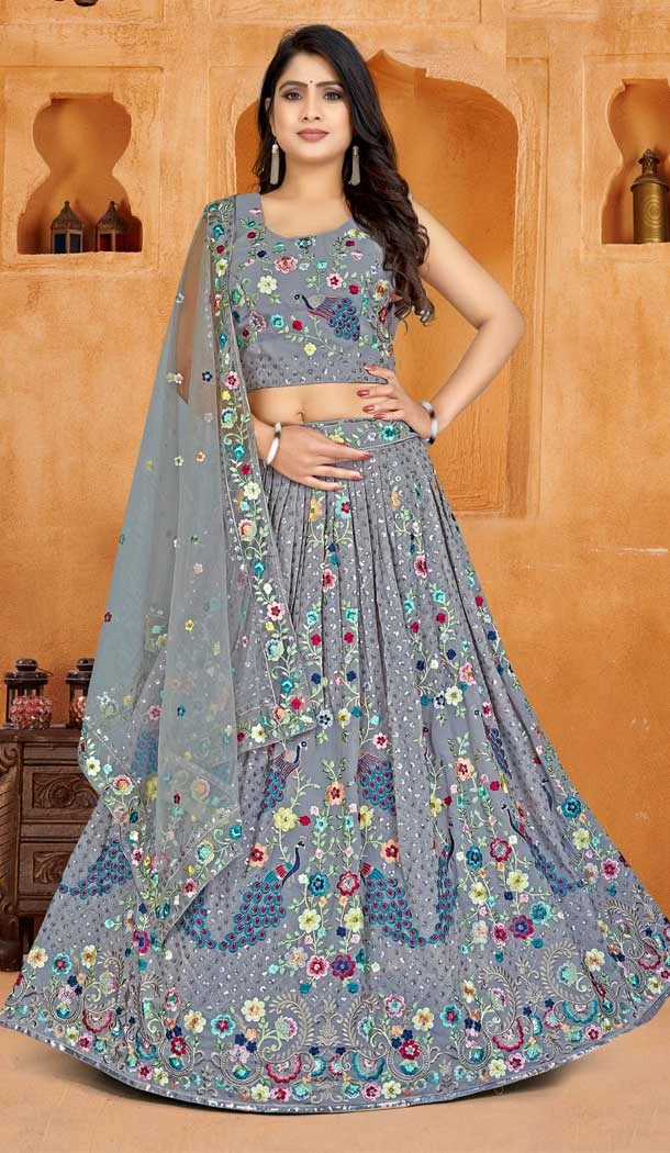 Grey Color Sequence Work Pure Georgette Designer Wear Lehenga Choli -5003159147
