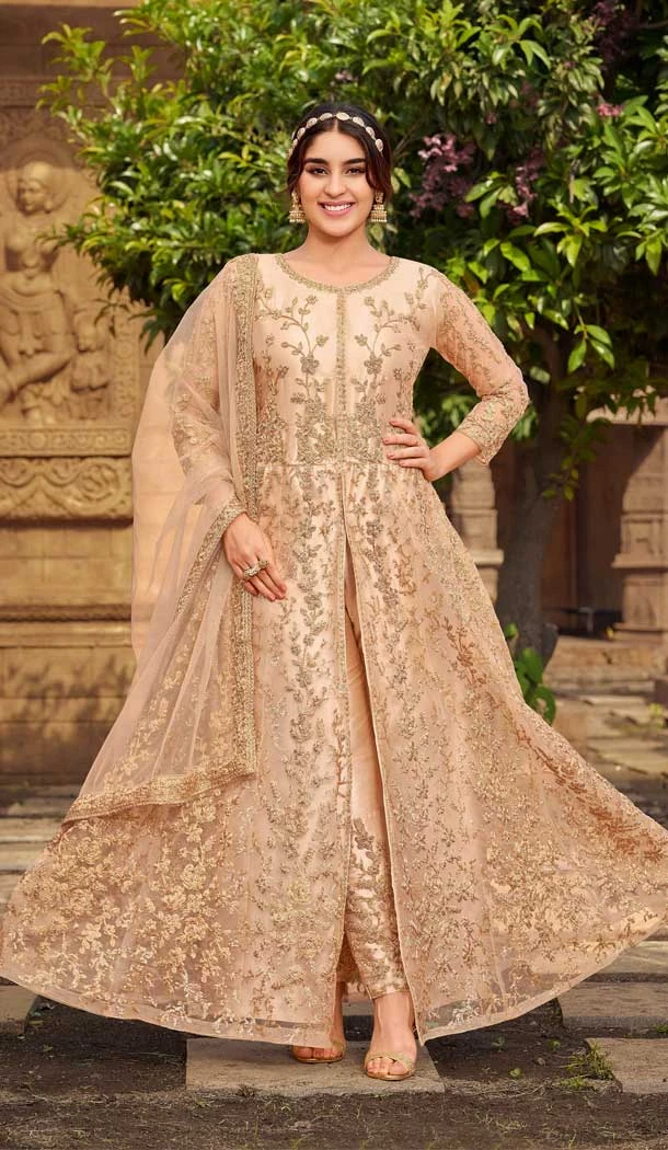 Chiku Color Butterfly Net Embroidery Work Party Wear Salwar Kameez - 5004159148