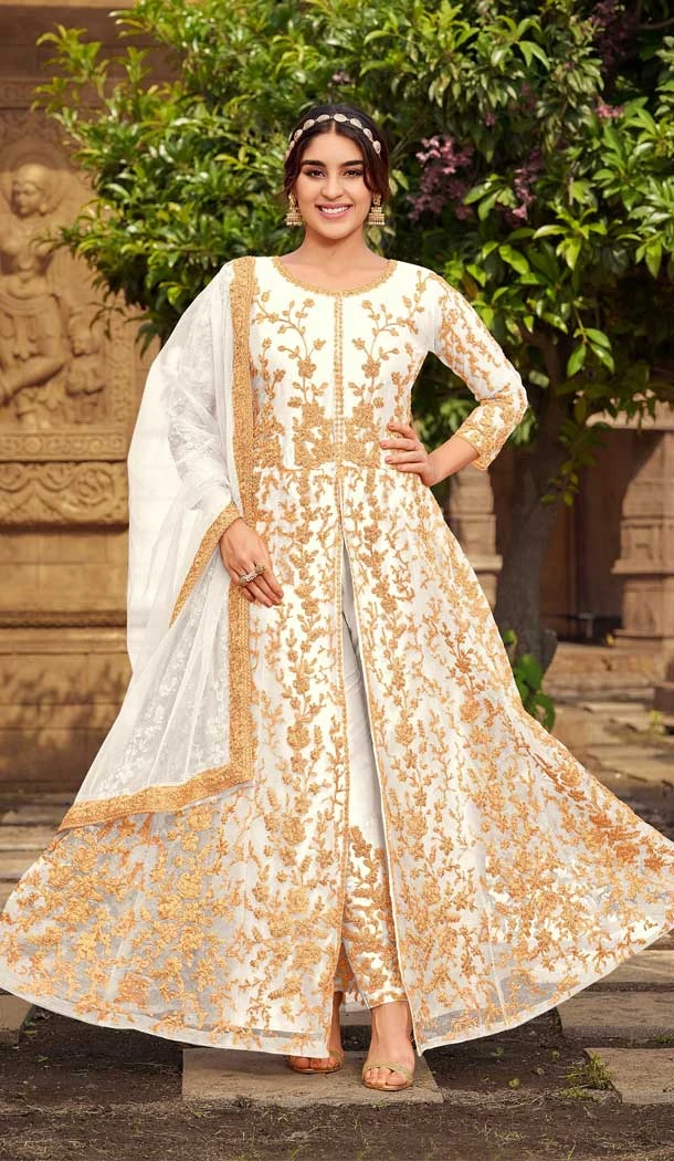 White Color Butterfly Net Embroidery Work Party Wear Salwar Kameez - 5004159150
