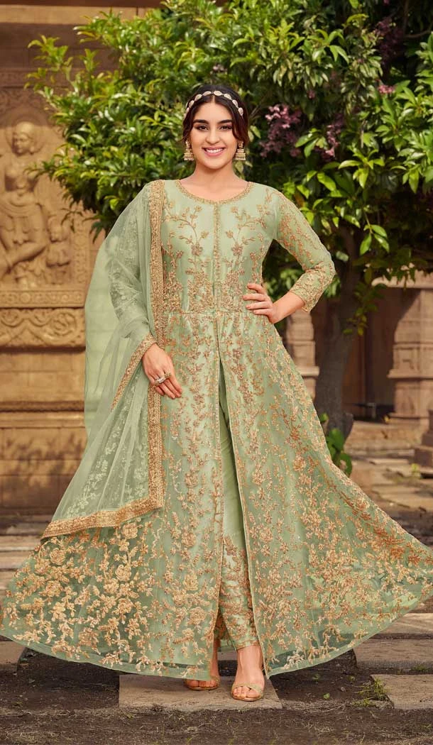 Pista Color Butterfly Net Embroidery Work Party Wear Salwar Kameez - 5004159151