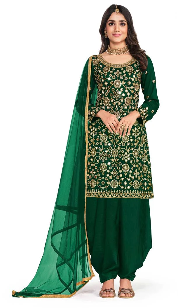 Green Color Italian Soft Silk Embroidery Work Function Wear Patiala Suit -5005159153