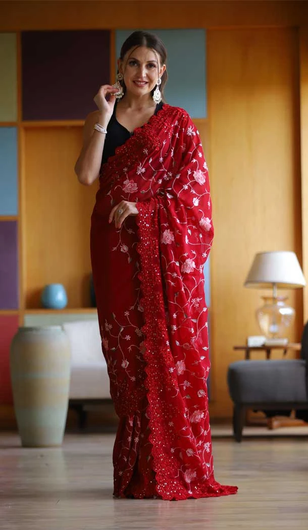 Party Wear Red Color Embroidery And Sequence Work Georgette Saree -5011159182
