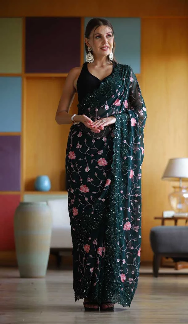 Party Wear Teal Green Color Embroidery And Sequence Work Georgette Saree -5011159183