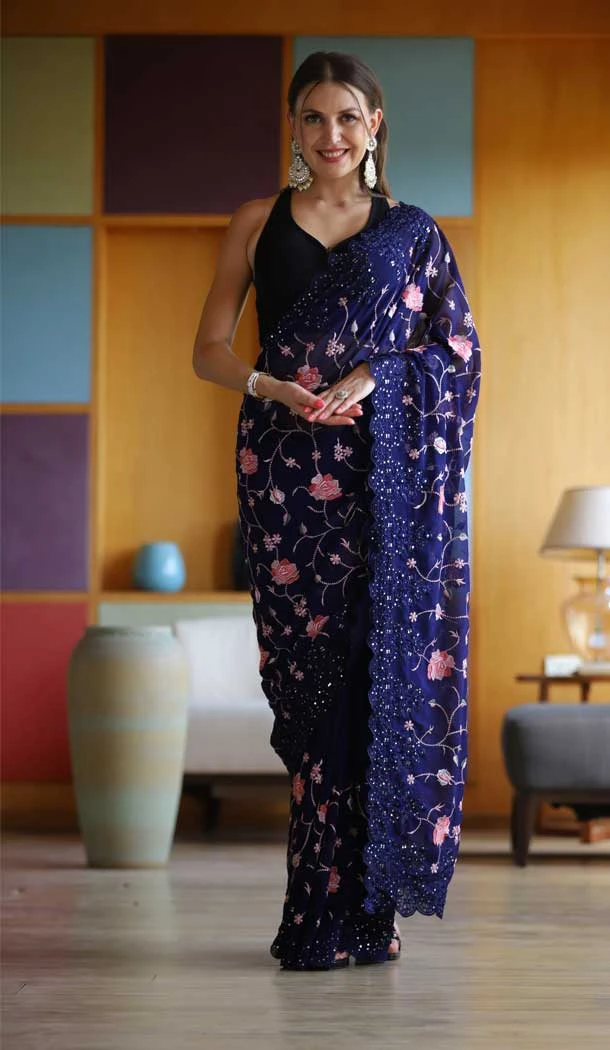 Party Wear Purple Color Embroidery And Sequence Work Georgette Saree -5011159184