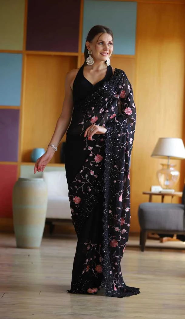 Party Wear Black Color Embroidery And Sequence Work Georgette Saree -5011159185