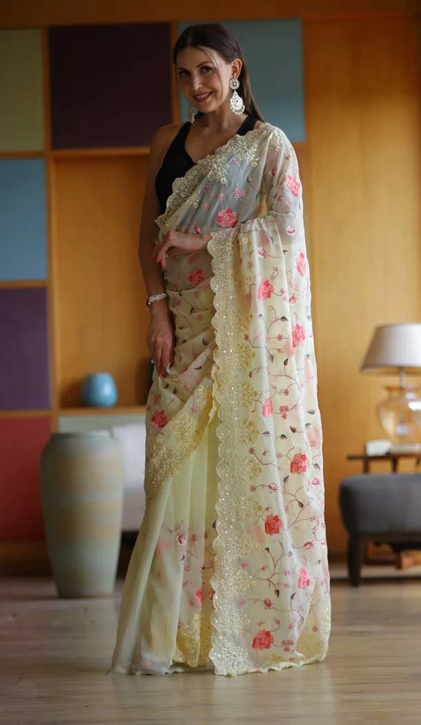 Party Wear Light Yellow Color Embroidery And Sequence Work Georgette Saree -5011159186