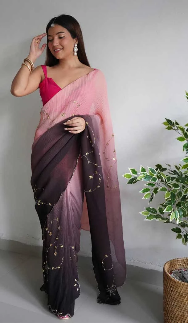 Brown Color Georgette And Crushed Hand Work Party Wear Saree Blouse -5012159187
