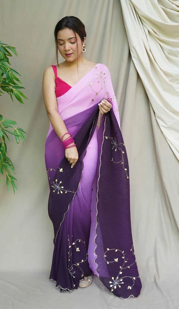 Purple Color Georgette And Crushed Hand Work Party Wear Saree Blouse -5012159189