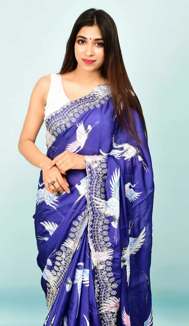 Blue Color Georgette Satin Hand and Cut Work Party Wear Designer Saree -5014159195