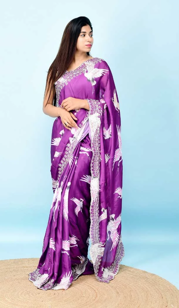 Light Purple Color Georgette Satin Hand and Cut Work Party Wear Designer Saree -5014159197