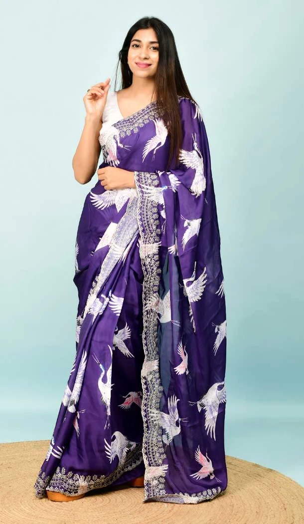 Dark Purple Color Georgette Satin Hand and Cut Work Party Wear Designer Saree -5014159198