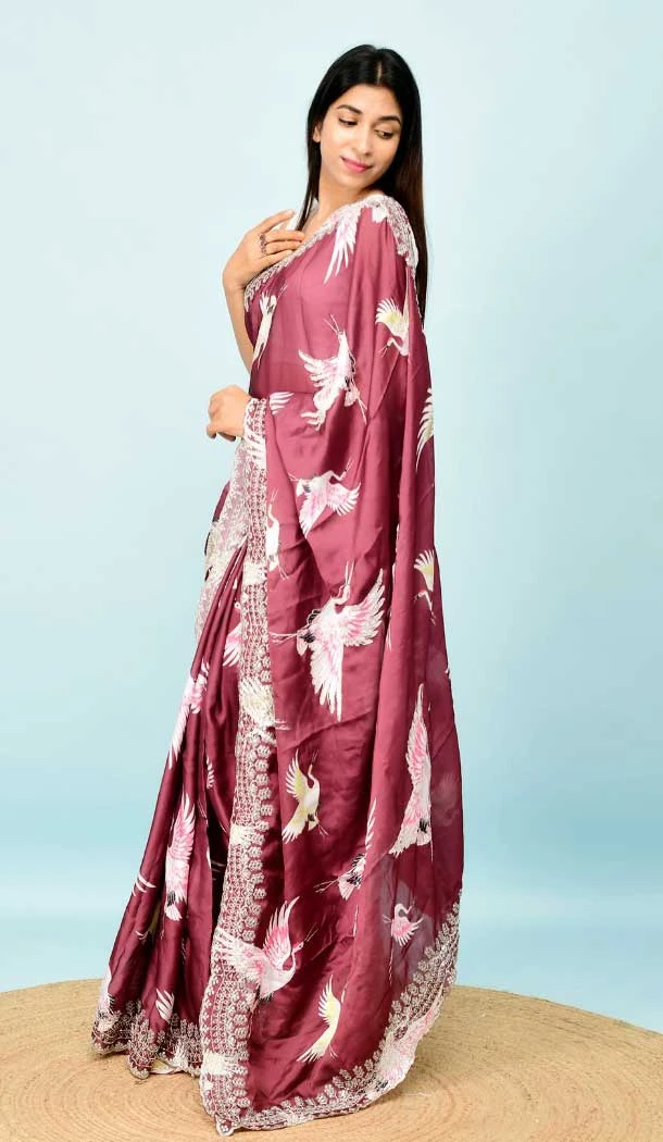 Onion Pink Color Georgette Satin Hand and Cut Work Party Wear Designer Saree -5014159199